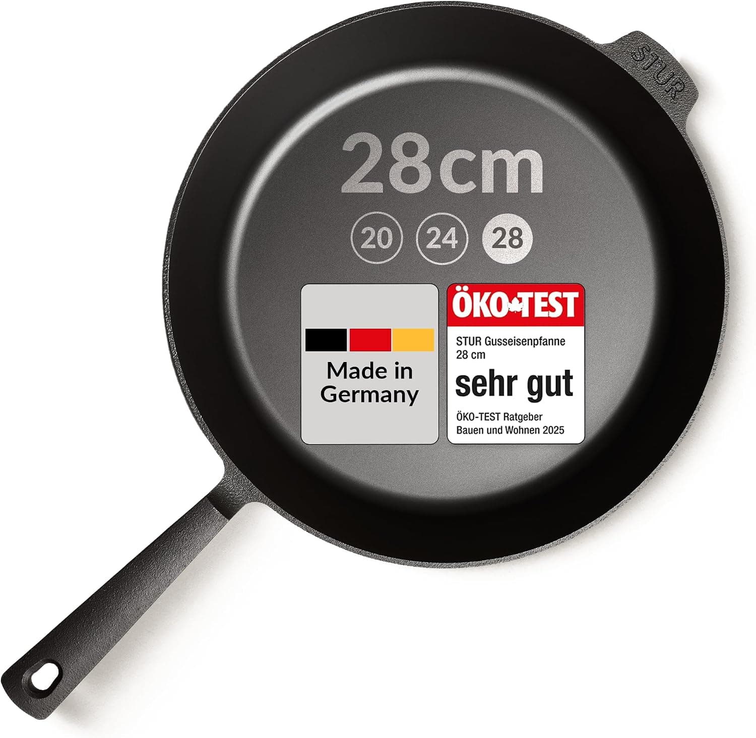 STUR Gusseisenpfanne, Eingebrannte Bratpfanne aus Gusseisen, Induktionsgeeignet, Made in Germany