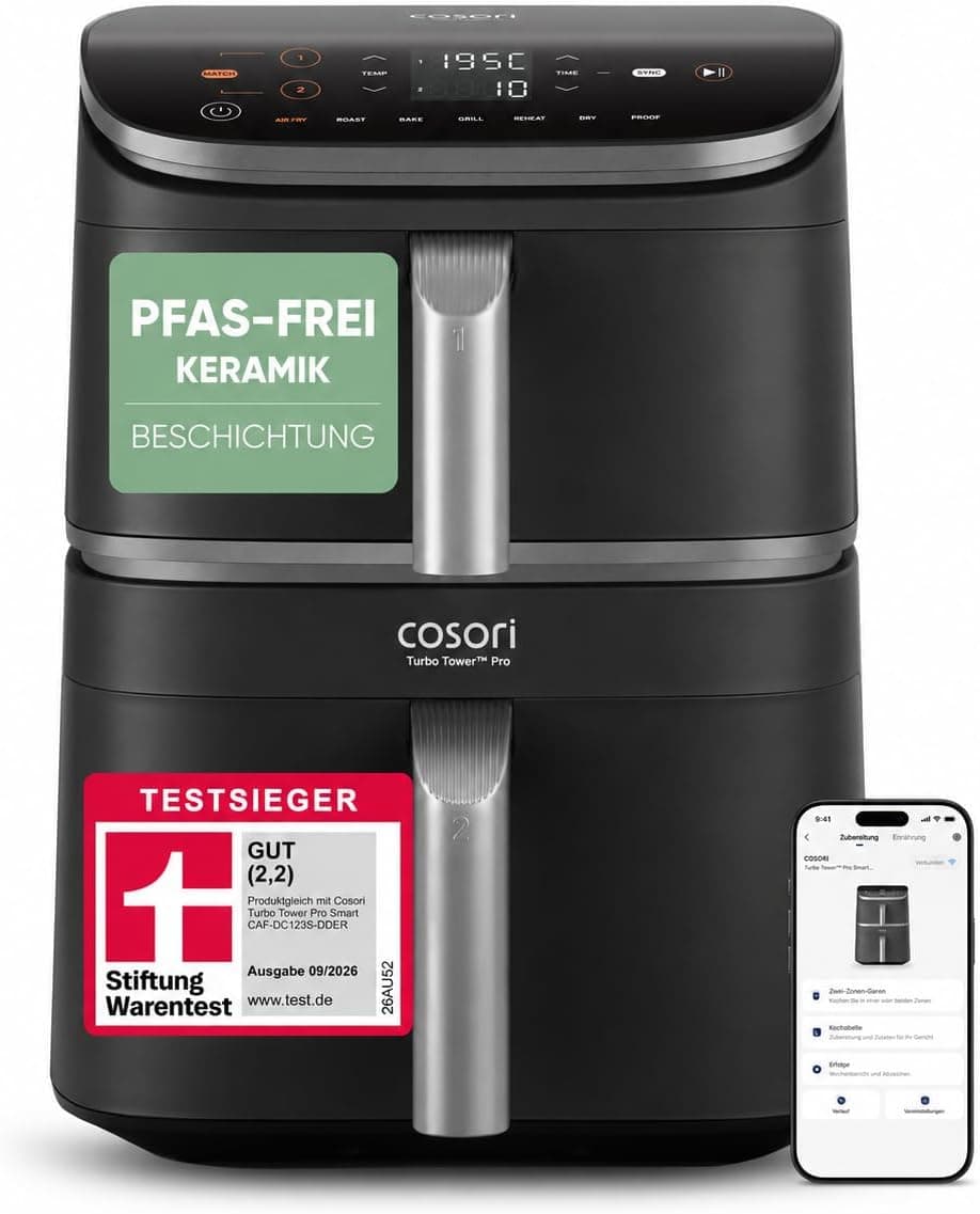COSORI Turbo Tower Heißluftfritteuse mit zwei Garkörben – Produktansicht