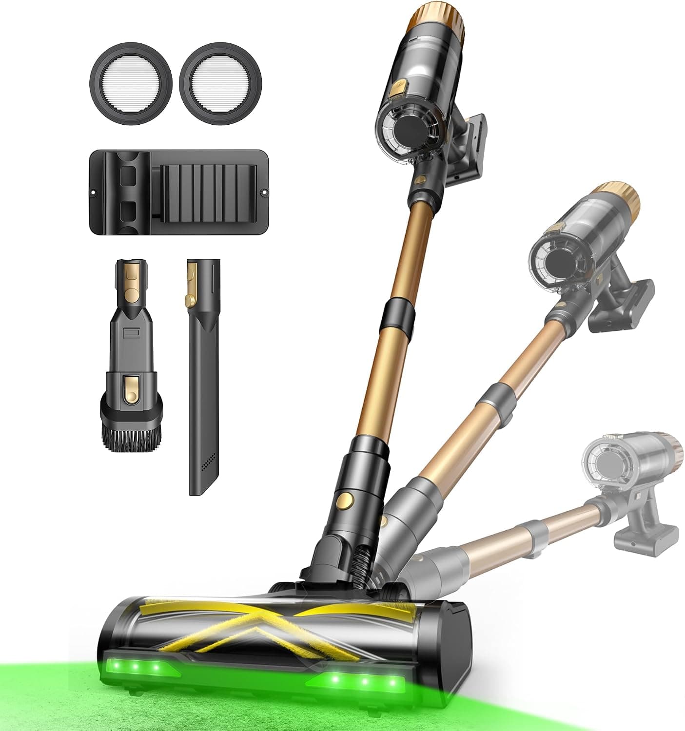 Ultenic Akku Staubsauger, 600W/55000Pa/ 65Min, Staubsauger Kabellos mit GreenEye Technologie, Teleskoprohr& Freistehend, 6 Schichten Filter, Anti-Verhedder ,Champagner
